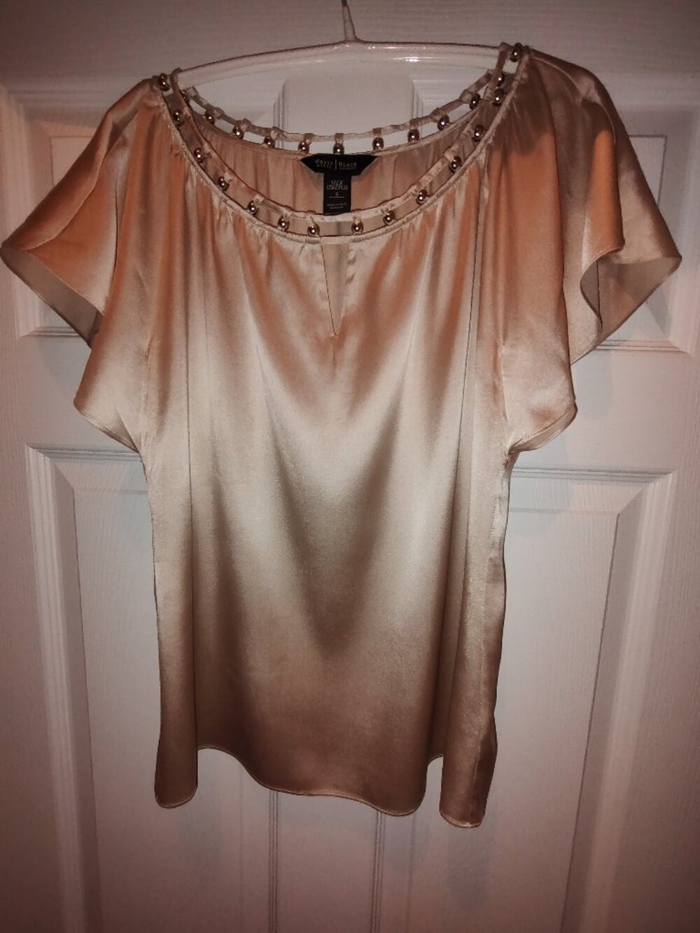 WHBM BLOUSE SILK FLUTTERY SLEEVES SILVER METAL BEADS ACCENT NECK BEIGE SMALL